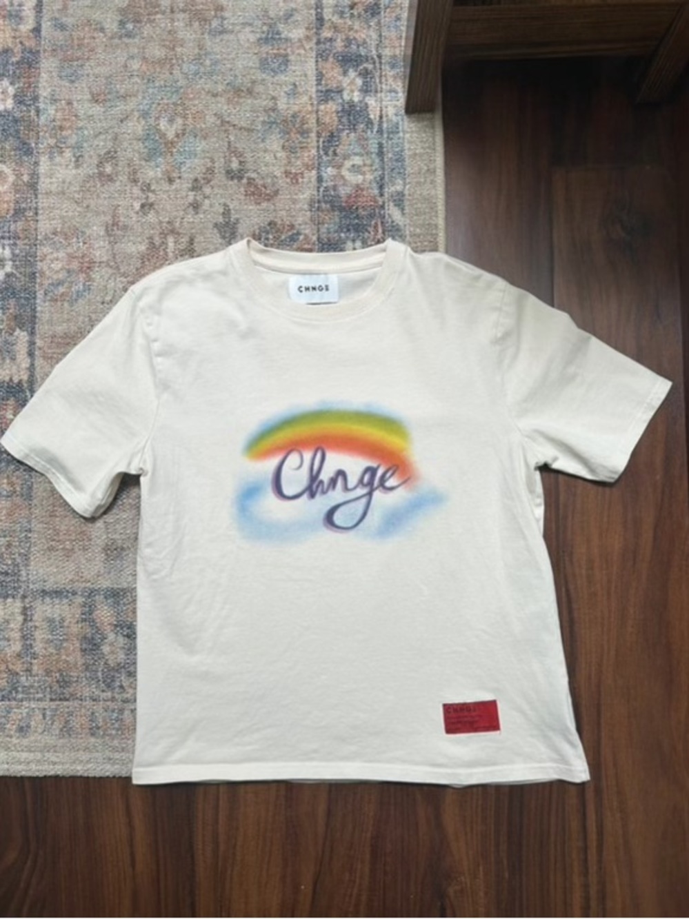 CHNGE Cream Tee with Rainbow Script